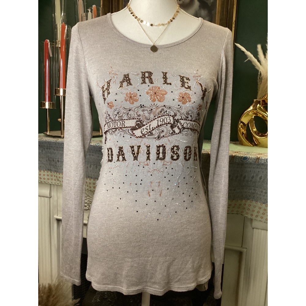 Harley Davidson Womens Small Taupe Embellished Draped Back Long Sleeve Top